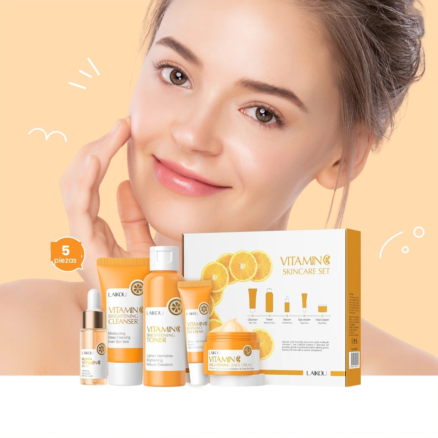 Mujer con piel luminosa usando el kit de Vitamina C